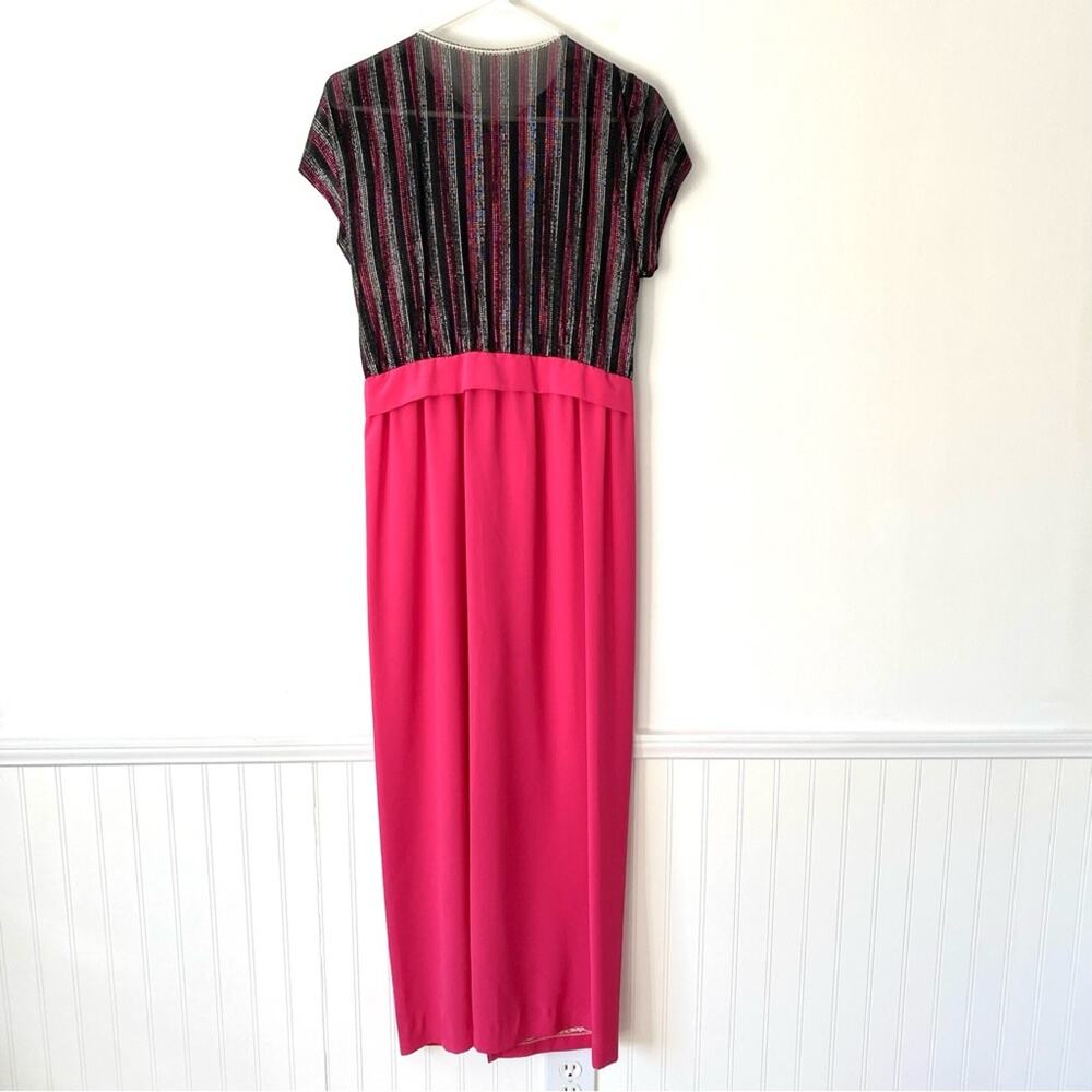 Vintage 70s Metallic Stripe Long Pink Bow Back Dress size medium